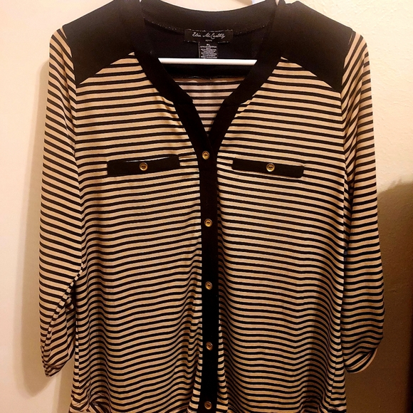 Elie McCarthy Stripped black and khaki button up shirt (Size Large) - Picture 1 of 1